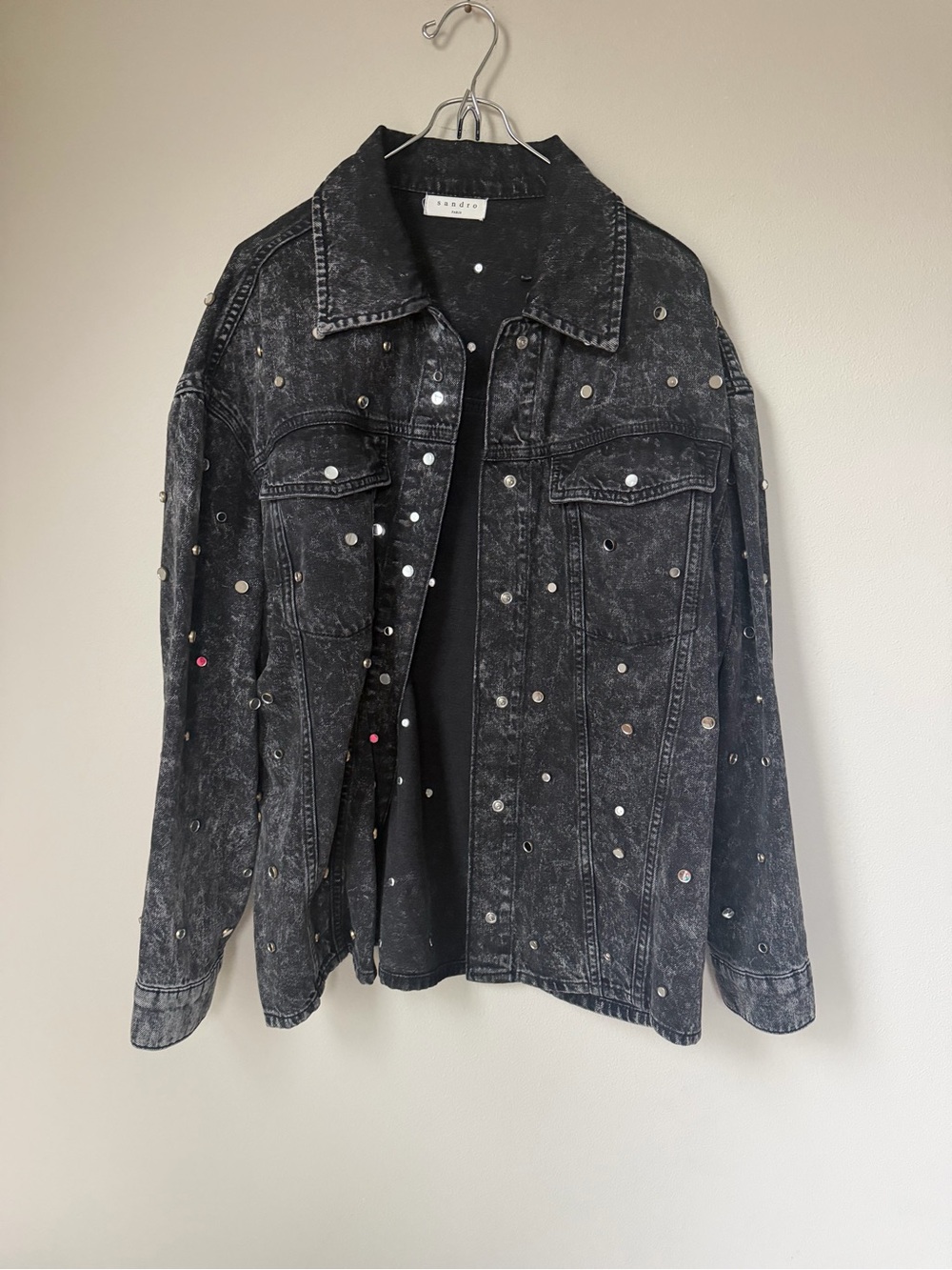 Sandro Black Acid Washed Denim Jacket with mirror Stud Detail 2